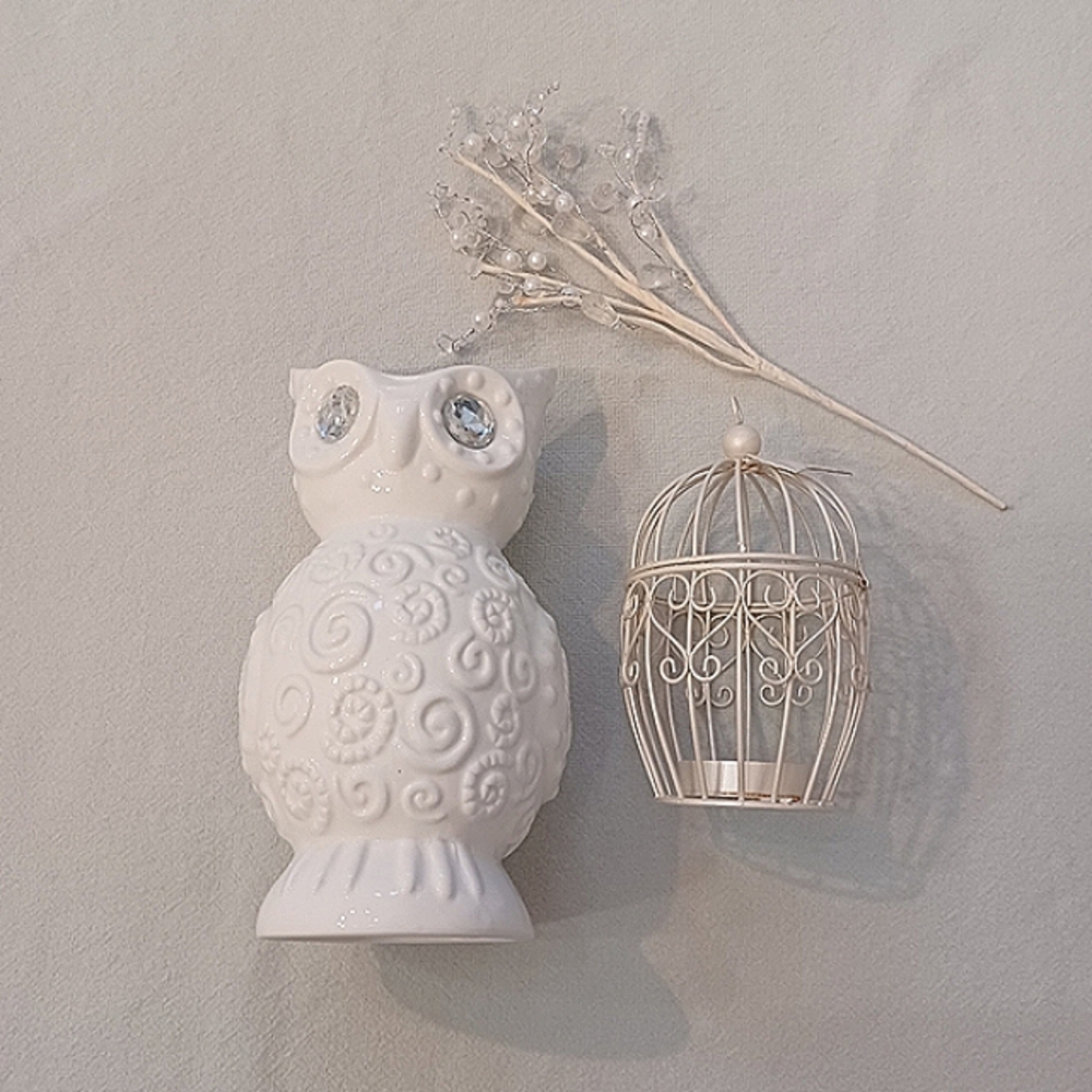 Ceramic Owl Vase & Bird Cage Decor